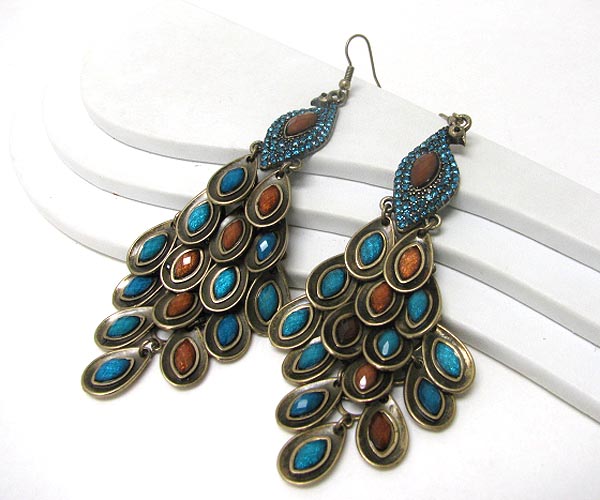 Crystal stud and multi chip tail link and drop peacock earring