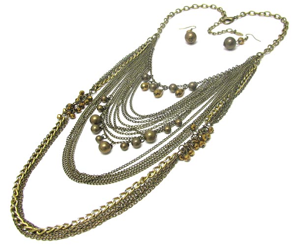 Multi metal chain and glass bead accent long necklace earring set