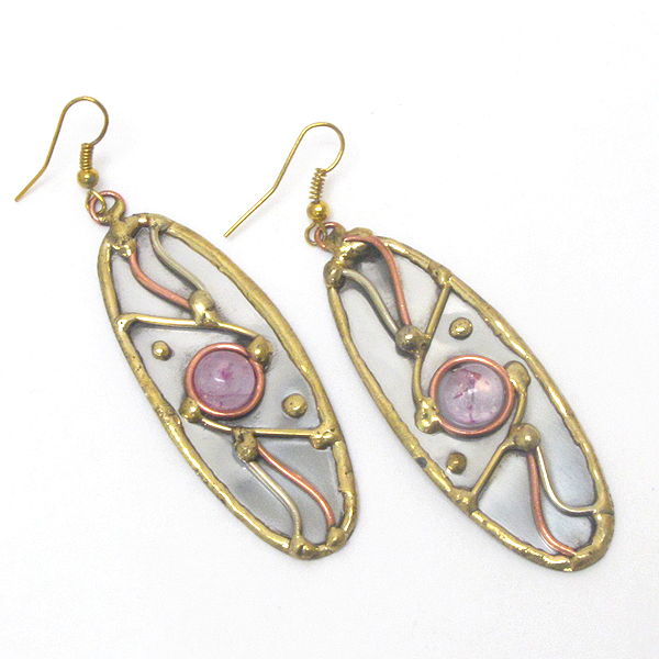 Handmade metal art oval drop earring - 100% brass