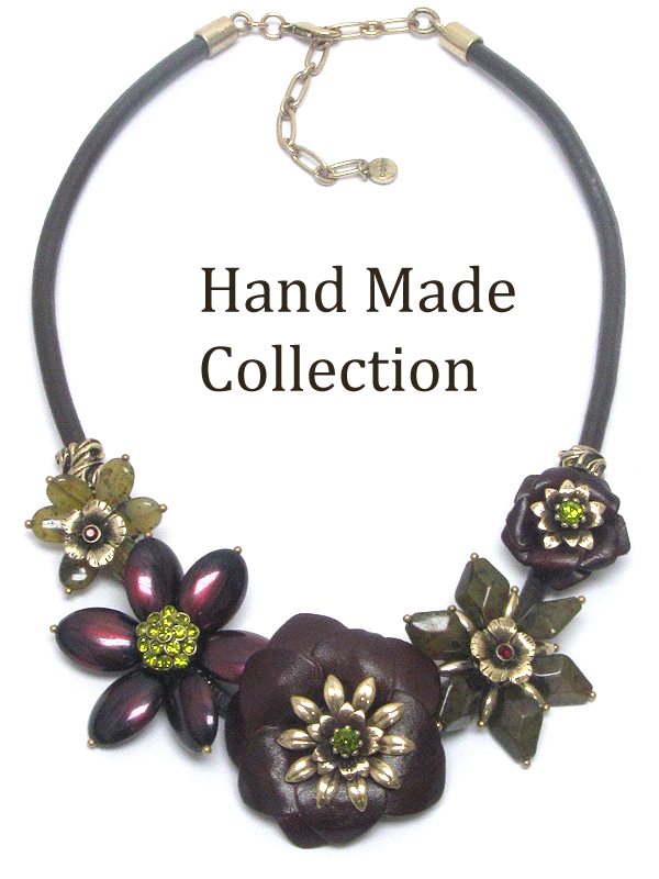 Crystal and genuine leather and brass flower link genuine leather cord vintage necklace
