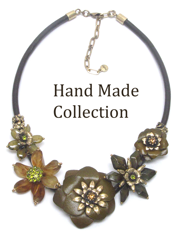 Crystal and genuine leather and brass flower link genuine leather cord vintage necklace