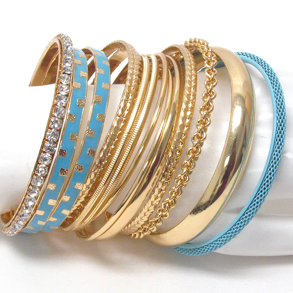 Crystal and epoxy deco multi metal bangle bracelet set of 14