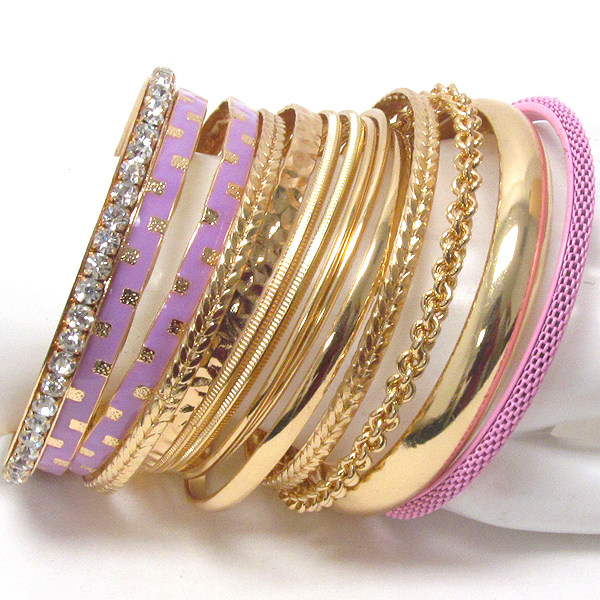 Crystal and epoxy deco multi metal bangle bracelet set of 14