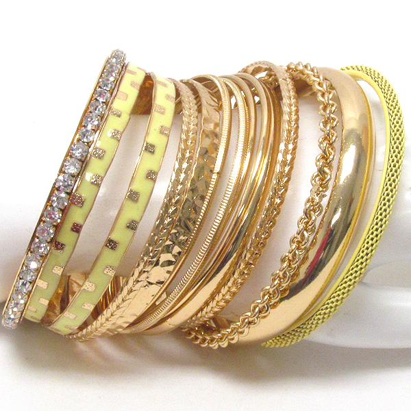 Crystal and epoxy deco multi metal bangle bracelet set of 14