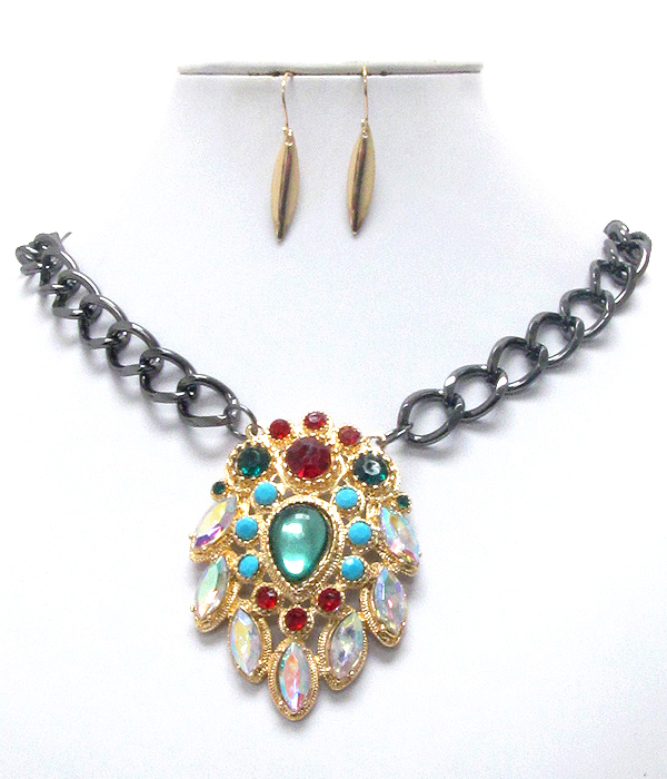 Multi crystal and metal filigree pendant chain necklace earring set