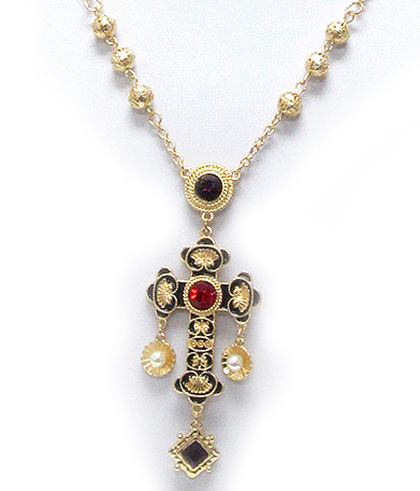 Crystal and epoxy deco antique cross pendant necklace earring set
