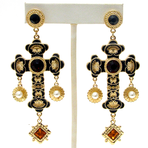 Crystal and epoxy deco antique cross earring