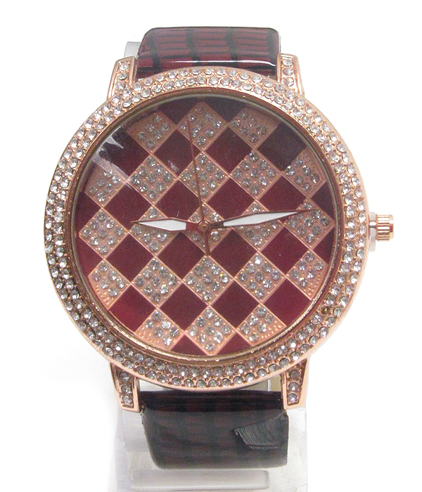 Swarovski crystal deco chess board face and genuine leater band armani style watch