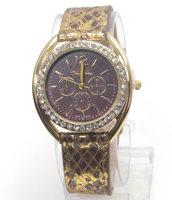 Swarovski crystal deco face and gold leaf genuine leather band watch