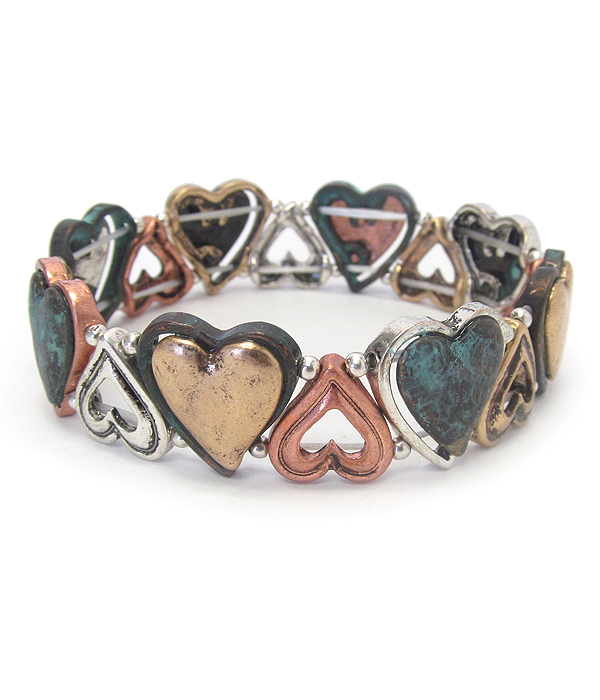 Vintage rustic metal stretch bracelet - heart
