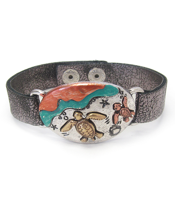 Vintage rustic metal leather band bracelet - sealife - turtle