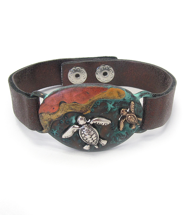 Vintage rustic metal leather band bracelet - sealife - turtle