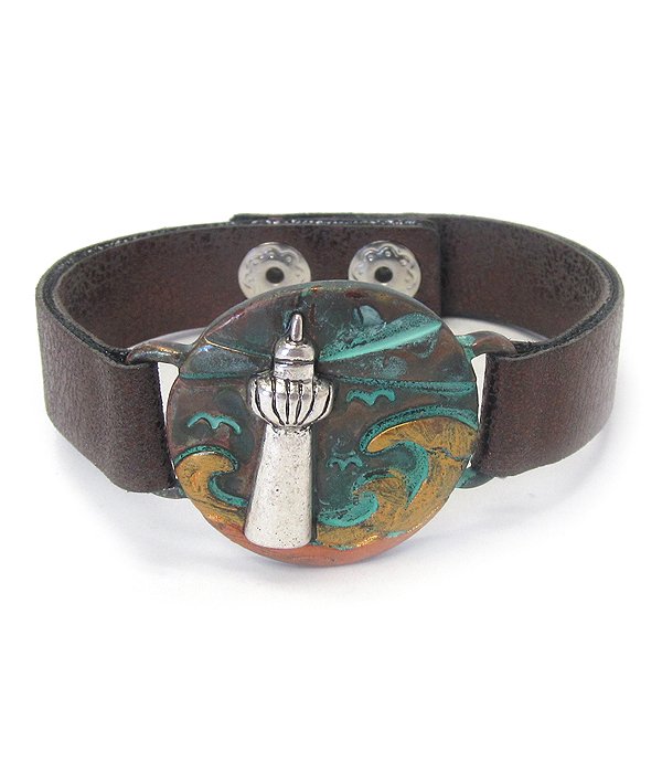Vintage rustic metal leather band bracelet - sealife - light house