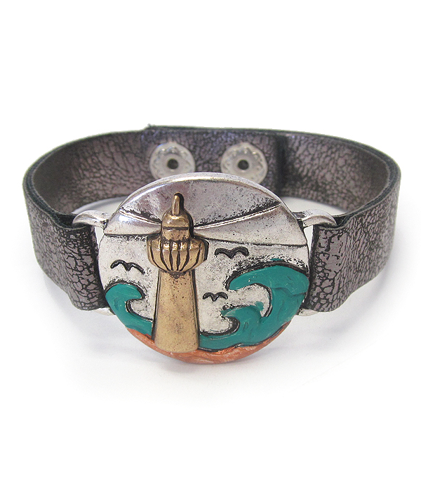 Vintage rustic metal leather band bracelet - sealife - light house