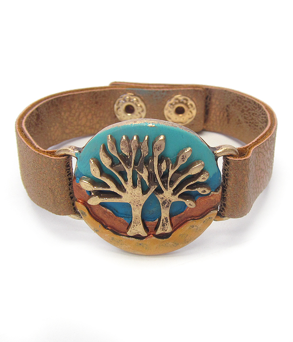 VINTAGE RUSTIC METAL LEATHER BAND BRACELET - TREE OF LIFE