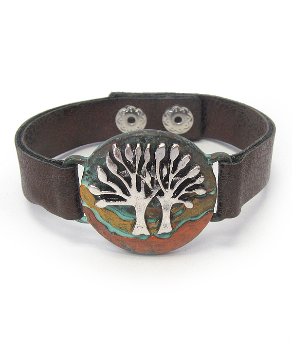 VINTAGE RUSTIC METAL LEATHER BAND BRACELET - TREE OF LIFE