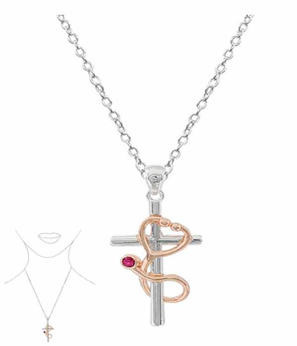 NURSE THEME CROSS AND STETHOSCOPE PENDANT NECKLACE - NURSE BLESSING