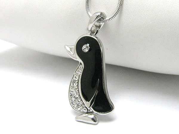 Made in korea whitegold plating epoxy and crystal deco penguin pendant necklace