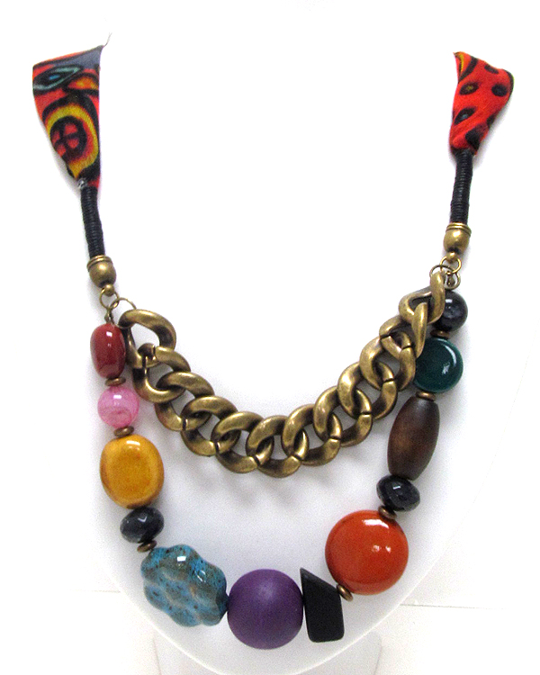 Mixed beads link and thick metal chain hanging and scarf back necklace