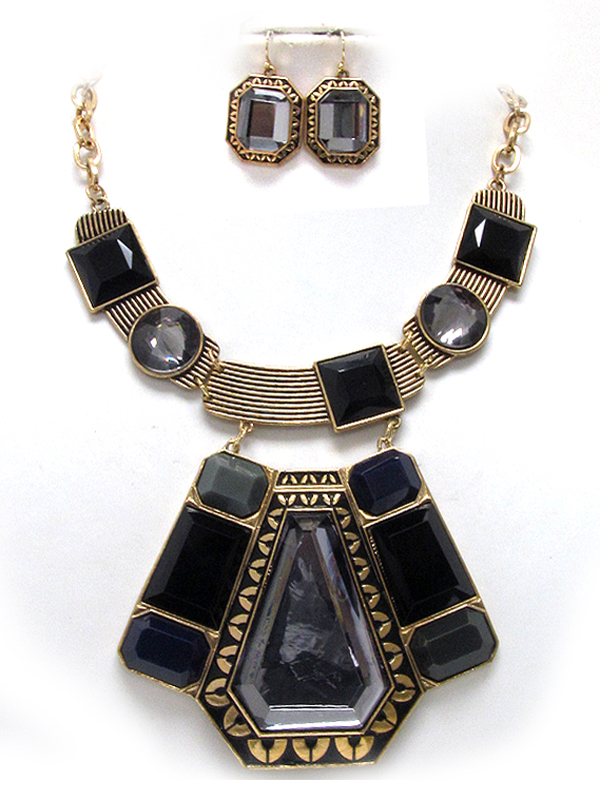 Multi shape crystal and facet stone cocktail textured pendant necklace earrring set