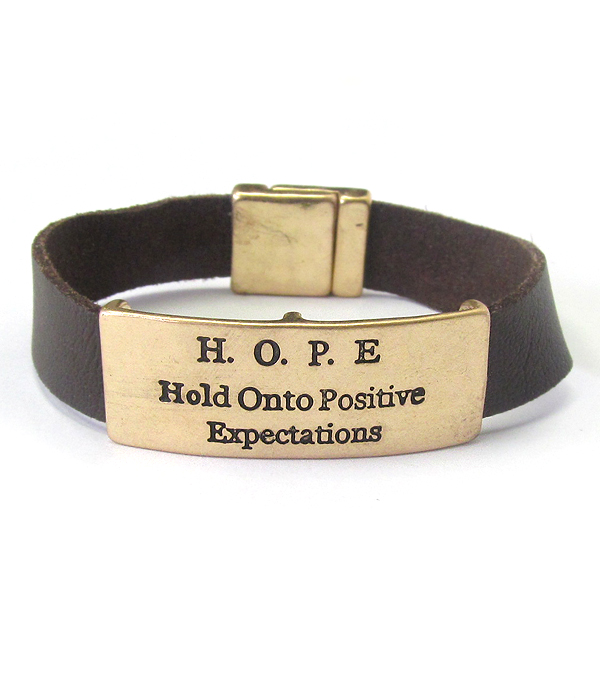 Inspiration message plate and leather band magnetic bracelet - hope