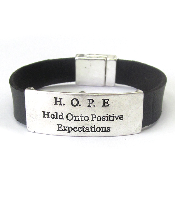 INSPIRATION MESSAGE PLATE AND LEATHER BAND MAGNETIC BRACELET - HOPE