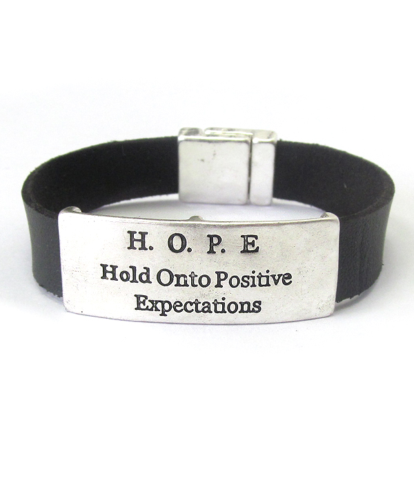 Inspiration message plate and leather band magnetic bracelet - hope