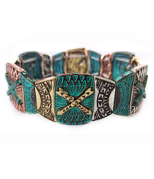 Vintage metal aztec stretch bracelet -western
