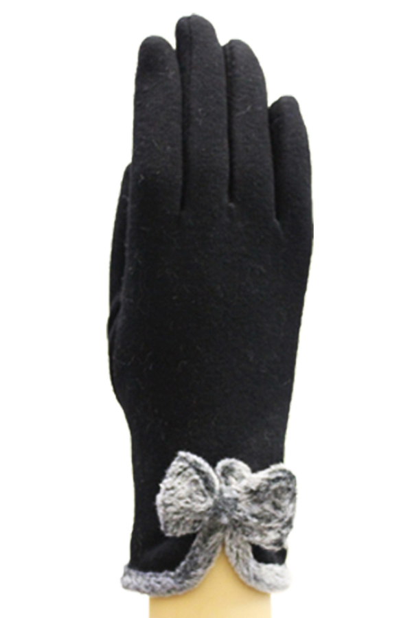 Solid with furry ribbon fashion gloves - a pair