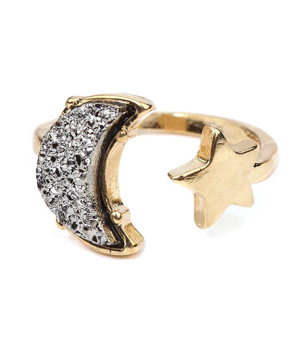 Druzy moon and star ring