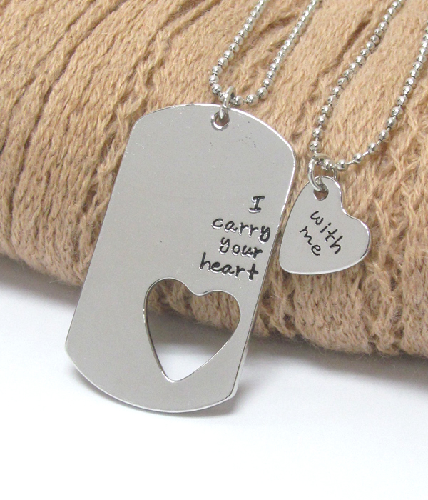 Love message dog tag and heart double necklace set - i carry your heart with me -valentine