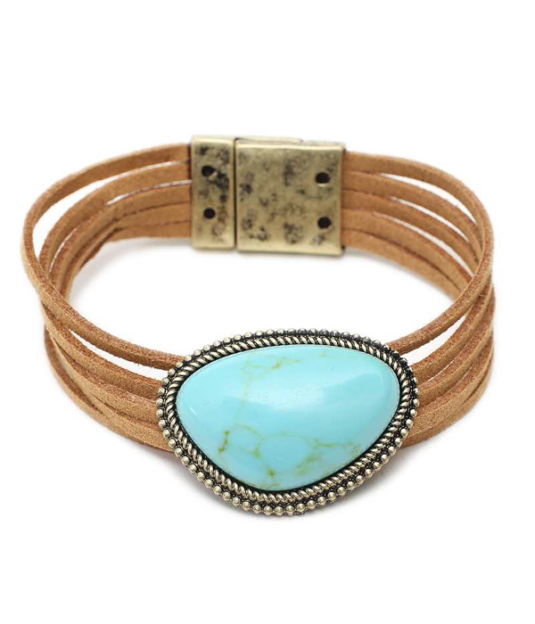 Semi precious stone and layered leatherette magnetic bracelet