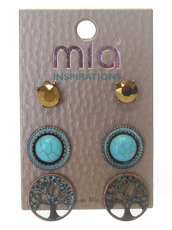 Turquoise and patina tree of life 3 pair earring set