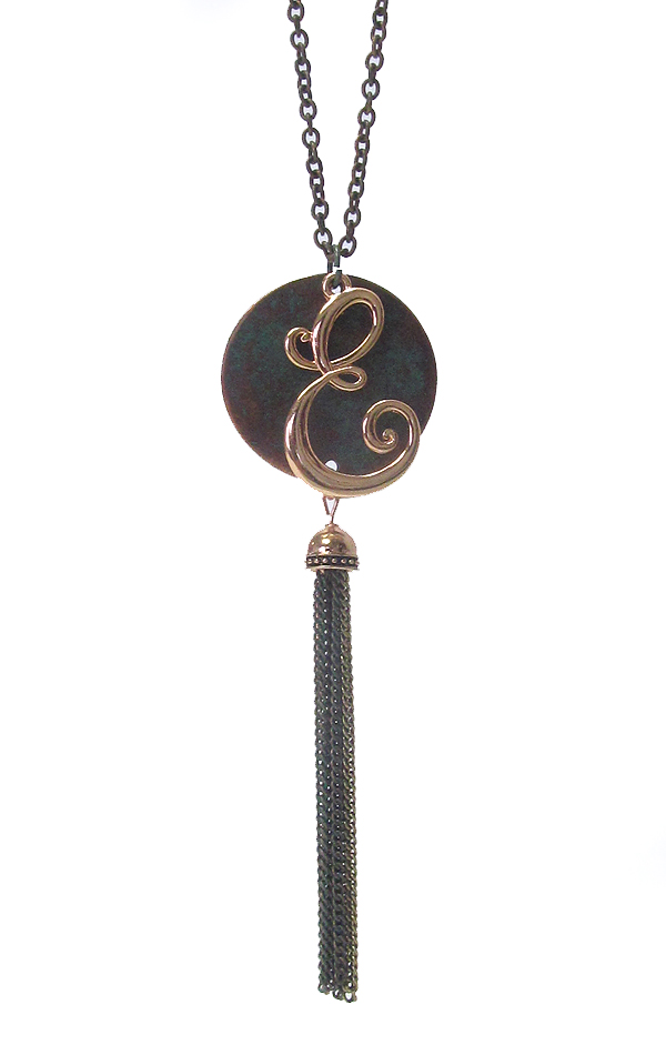 MONOGRAM PATINA PENDANT AND TASSEL DROP LONG NECKLACE - E