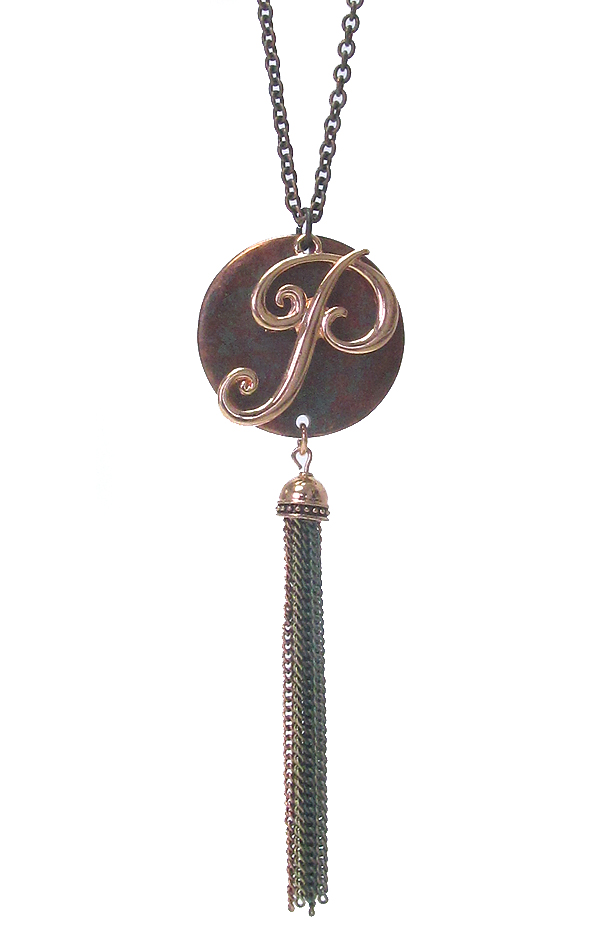 Monogram patina pendant and tassel drop long necklace - p