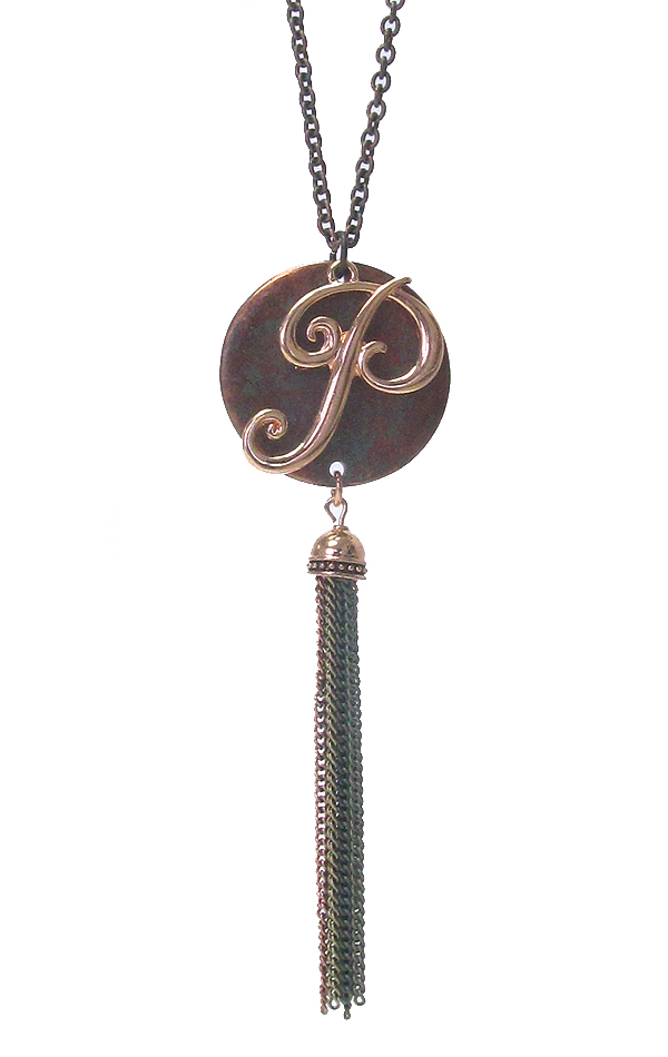 MONOGRAM PATINA PENDANT AND TASSEL DROP LONG NECKLACE - P