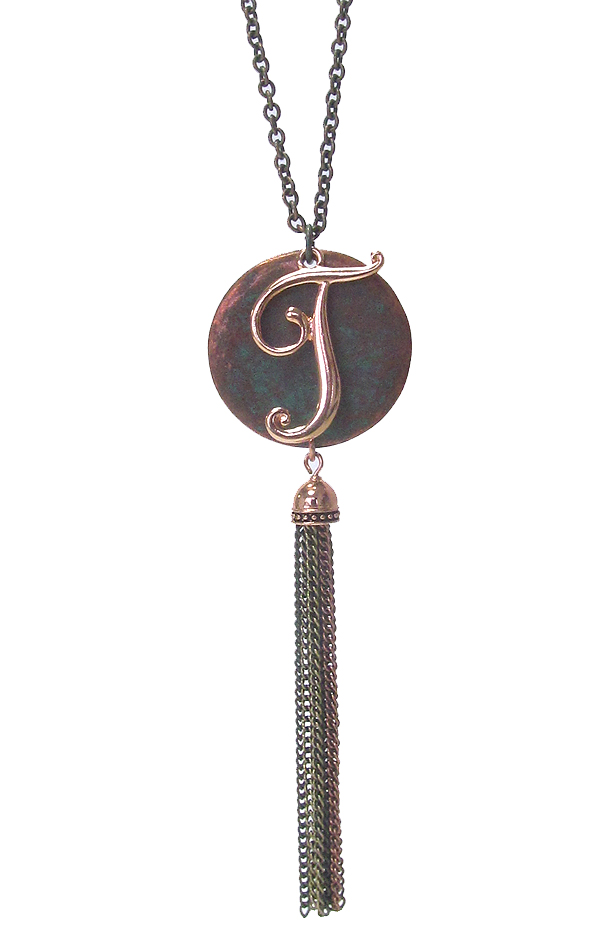 MONOGRAM PATINA PENDANT AND TASSEL DROP LONG NECKLACE - T