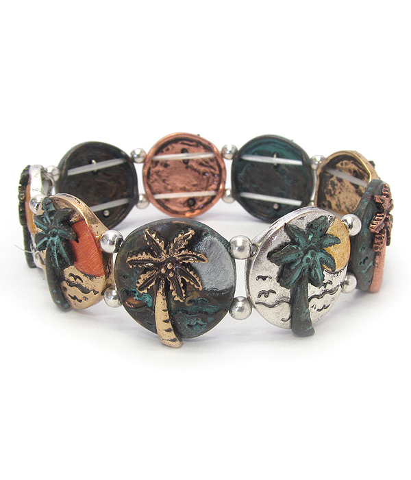 Vintage rustic metal stretch bracelet - palm tree