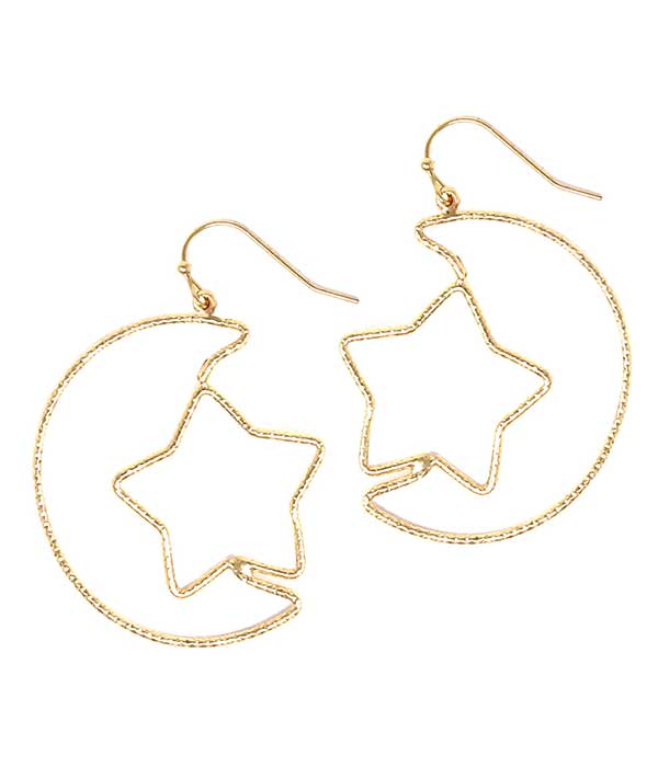 BRASS WIRE MOON AND STAR EARRING