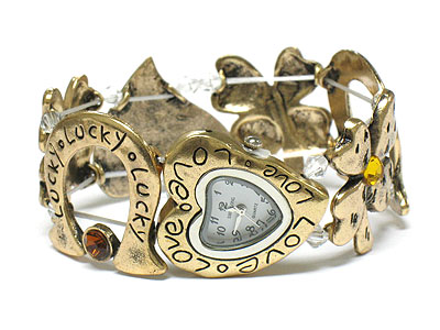 Lovely heart face and lucky clover and horse shoe stretch watch