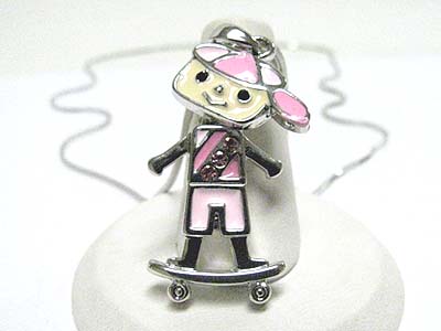 Crystal stud metal epoxy skating boy pendant necklace