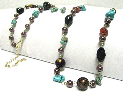 Natural stone and multi beads link long necklace set
