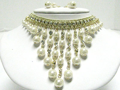 Crystal line and multi pearl ball y drop necklace set