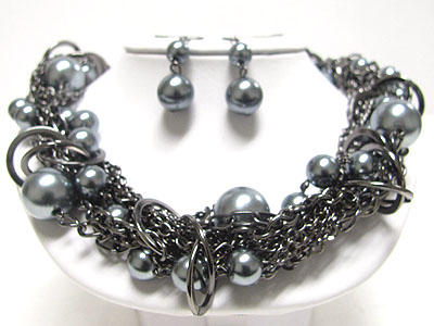 Multi strand metal chain and pearl ball braided necklace set