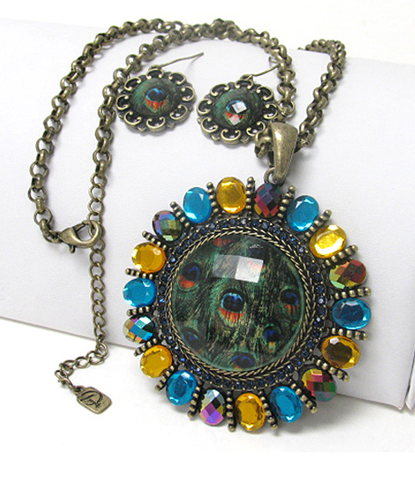 Peacock theme class stone large metallion necklace earring set