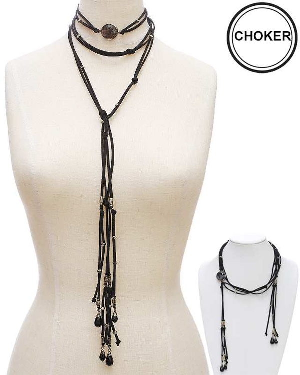 Multi glass bead long leatherette cord free style choker necklace