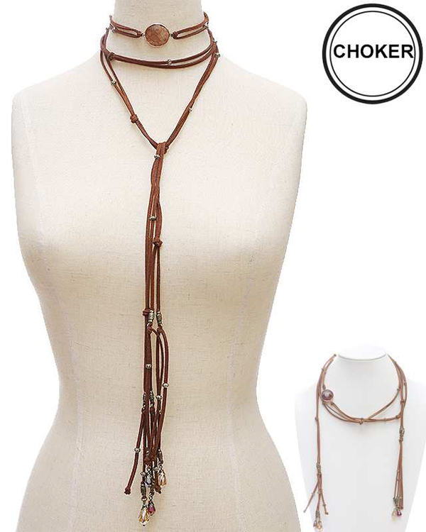 Multi glass bead long leatherette cord free style choker necklace