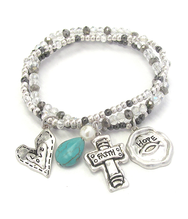 Religious inspiration multi charm and seedbead 3 stretch bracelet set