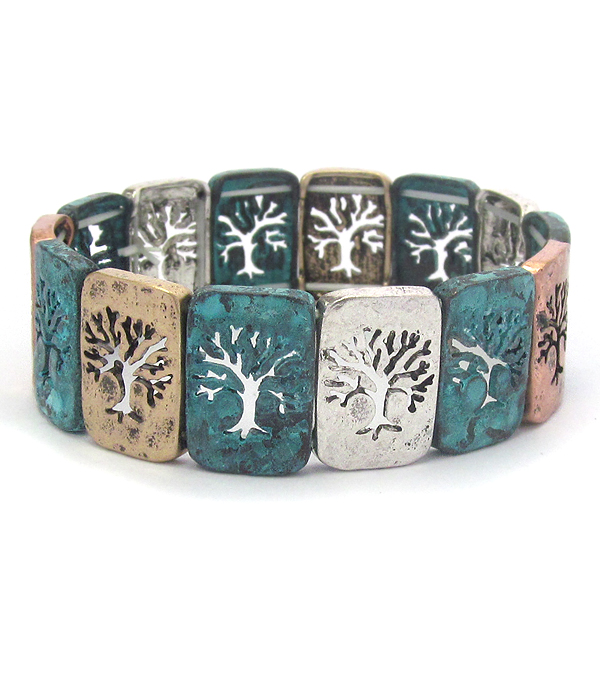 Vintage rustic metal stretch bracelet - tree of life