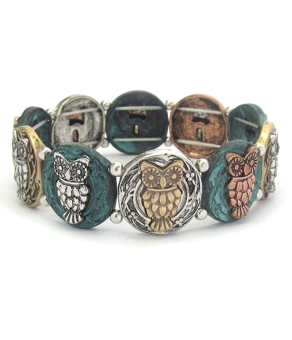 Vintage rustic metal stretch bracelet - owl